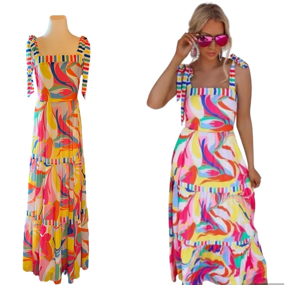 NWT Aura Red Dress Colorful Sleeveless 3-Tiered Lined Maxi Dress 121970- Medium